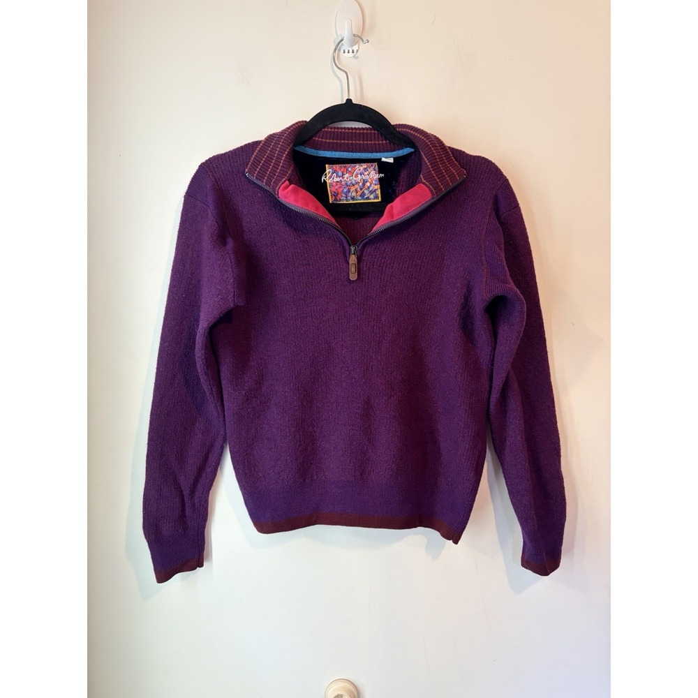 Robert Graham‎ 1/4 Zip 100% Wool Sweater Purple Womans Medium Classic Fit Thick